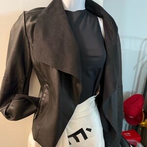 Bagatelle Black Leather Jacket with Draped Collar